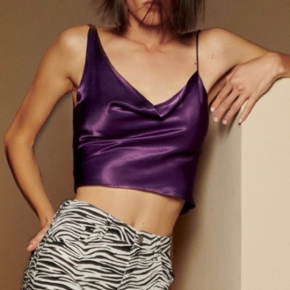 New ZARA Purple Silkly Satin One Shoulder Draped Cropped Top Blouse